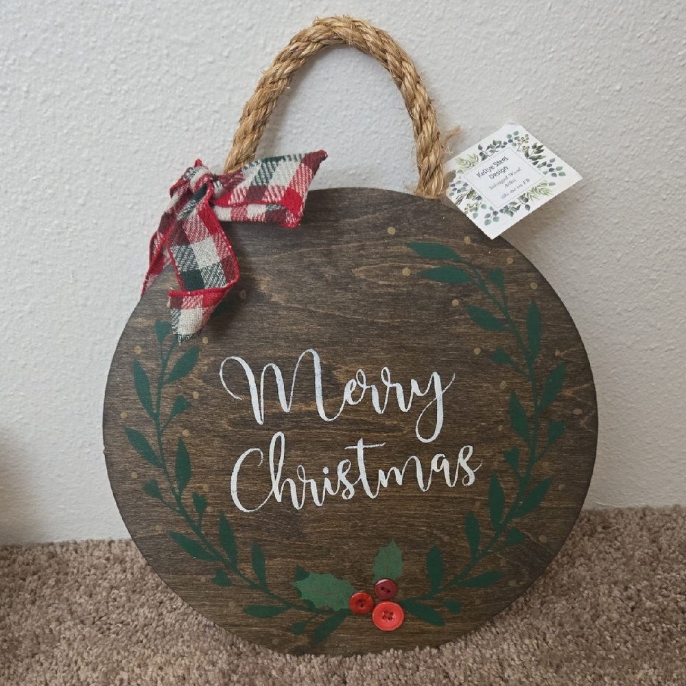 Christmas Ornament Hanging Festive Wooden Sign with Forest Green Wreath